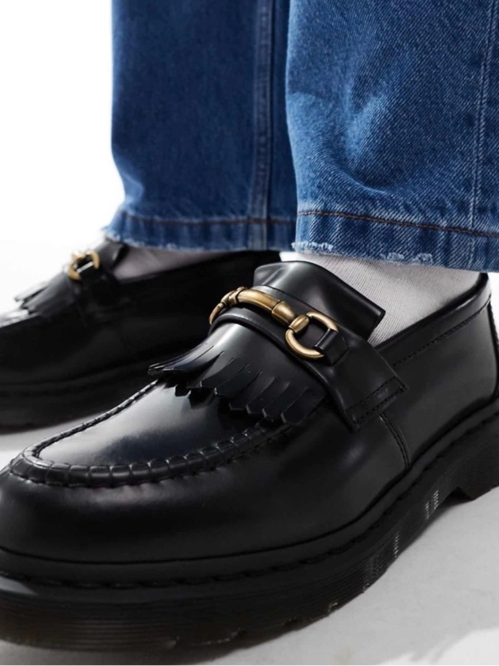 Dr. Martens Black Leather Tassel Kiltie Loafers with Gold Bit